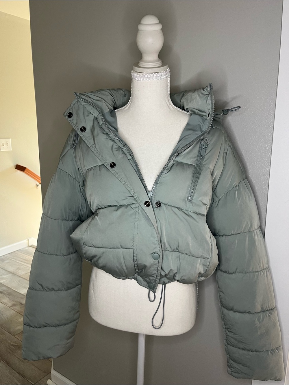 Womens Sage Green Puffer Jacket with Hood